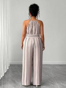 SHEIN Elenzya Plus Size Elegant Casual Striped Waist Jumpsuit, Suitable For Commuting, Spring/Summer Women Vacation Outfit Sets Women's Summer Outfits Women's Summer 2 Pieces Sets Women Outfits Sets - Apricot - View 2