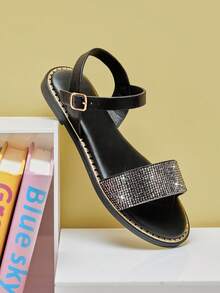 Mini mi Sandal đế bằng màu đen bằng da PU đính đá cho bé gái, quai cài mắt cá chân, đế viền vàng, kiểu dáng sang trọng và sẵn sàng cho mùa hè. - màu đen - Xem 3