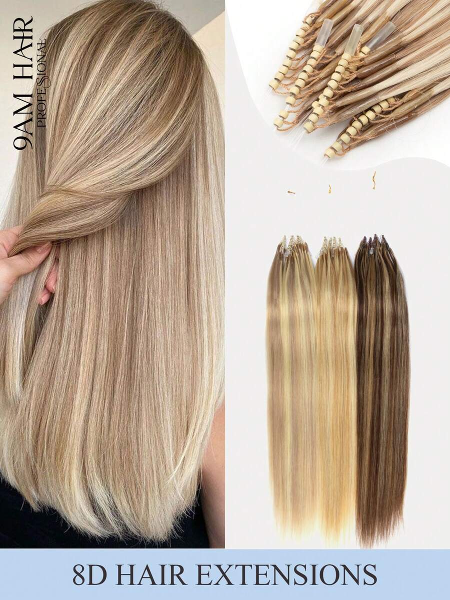 8D 微环纳米珠接发，16-22 英寸微环真人发接发，隐形无痕，直发，隐形迷你硅胶珠易于安装，无缝，自然直发，完美延长长发，打造自然直发质感 - 彩色 - 查看 1