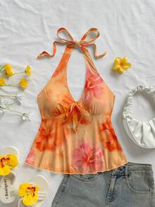 Soleia Blusa de tirantes con cuello halter, fruncida y con estampado floral, para vacaciones y uso casual - Multicolor - Ver 5