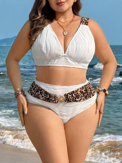 Swim Lushoire Plus Size Women Beige Wavy Pattern Bikini Set, Triangle Top And Bottom, Beach Vacation Swimwear