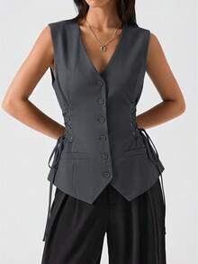 LYSMO 2026新款极简春夏女装纯色侧系腰修身吊带背心/度假/波西米亚风/性感/休闲外套/简约/休闲侧系腰修身吊带背心/夏季/夏季上衣/春季穿着/春假/生日/女士休闲外套/优雅/休闲/女士度假/Y2K/2000年代风格/灰色上衣 - 灰色 - 查看 4