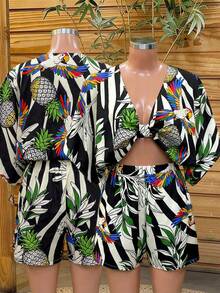 Lunelith SHEIN Lunessa Printed V-Neck Batwing Sleeve Tie Waist Loose Crop Top & Elastic Waist Casual Shorts 2 Piece Set For Women Tropical Tops Hawaiian Tops For Women Tropical Vacation Dress - Multicolor - View 7