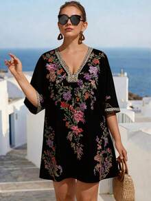 Linhara CURVE 大码女式夏季短袖印花连衣裙，拼接蕾丝边，度假女装夏季连衣裙，休闲女装，节日女装，刺绣印花连衣裙 - 黑色 - 查看 3