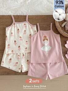 Cozy Pixies 4件套女婴卡通图案针织柔软吊带背心和松紧腰短裤套装 - 彩色 - 查看 1