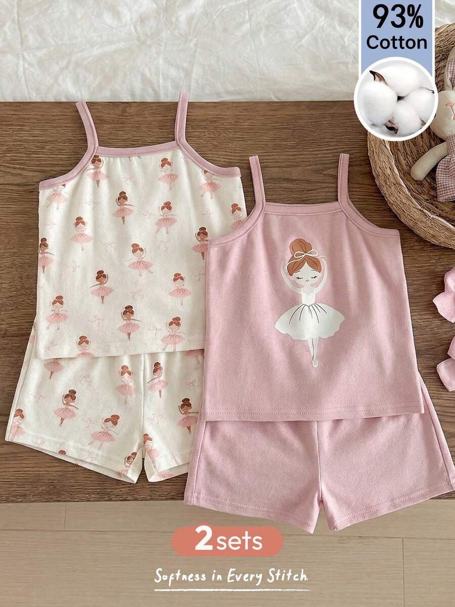 Cozy Pixies 4件套女婴卡通图案针织柔软吊带背心和松紧腰短裤套装 - 彩色 - 查看 1