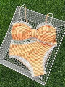 Swim Mod Bộ đồ bơi tankini ren mới, kẻ sọc, viền bèo nhún. - trái cam - Xem 3