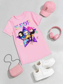 SHEIN 少女春夏休闲时尚创意个性清新简约酷炫虚拟少女团体五角星字母印花短袖T恤裙，舒适日常穿着，适合春、夏、秋季穿着。 - 卡其色 - 查看 4