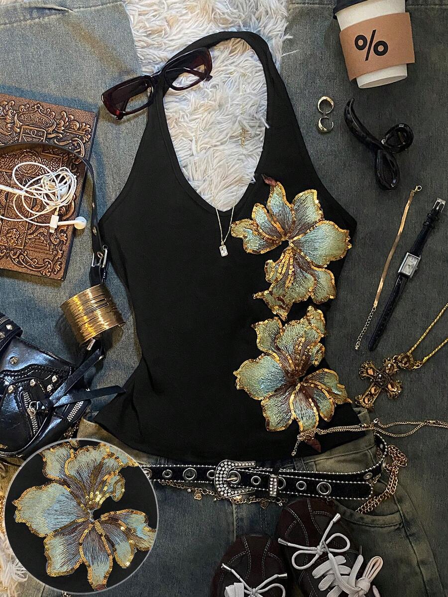 Glimmora 优雅复古亮片刺绣吊带背心，女士必备，夏季完美之选。Y2K风格，经久耐穿，适合日常穿着、音乐节、派对和海滩度假。