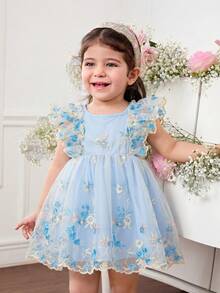SHEIN Babygirl Cute Summer Elegant Floral Embroidery Mesh Ruffle Hem Dress - Blue - View 4