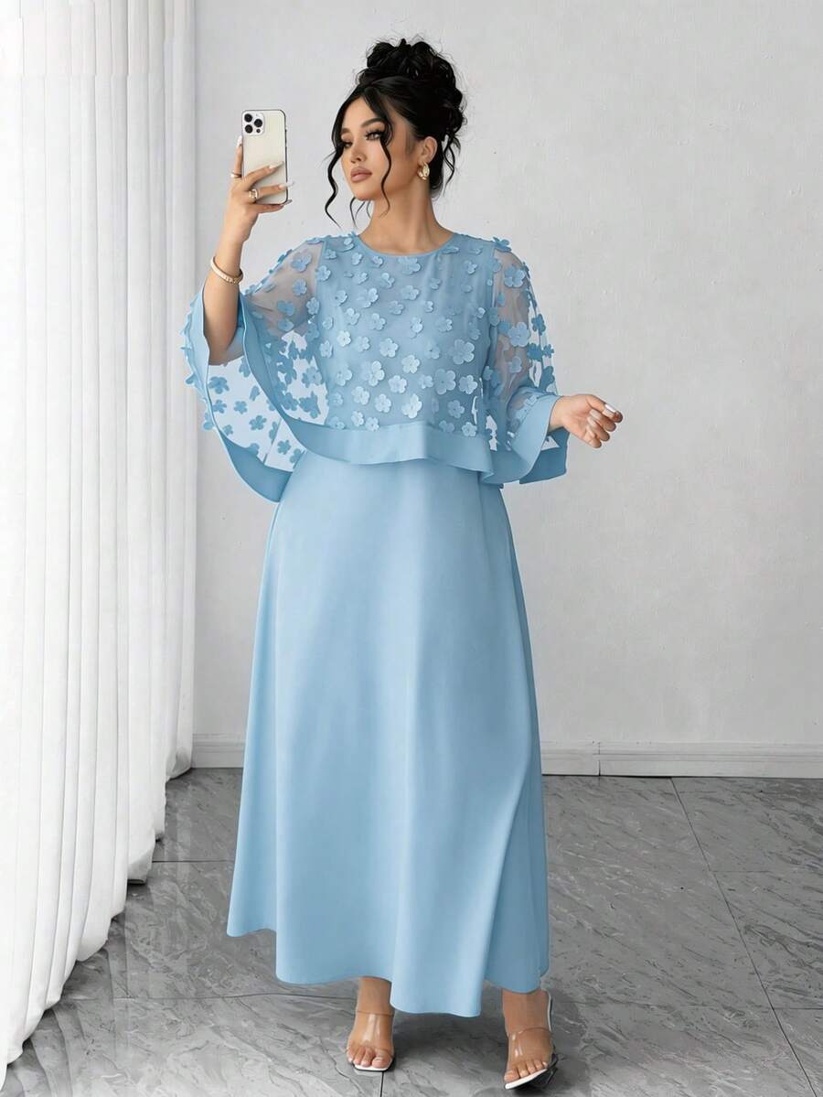Elenzga 大码女式圆领贴花时尚连衣裙,适合秋季婚礼、生日派对及其他活动 - 藍色 - 查看 1