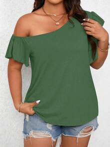 EMERY ROSE Plus Size Women Solid Color Ruched Asymmetrical Shoulder Casual Versatile Daily T-Shirt - Green - View 3