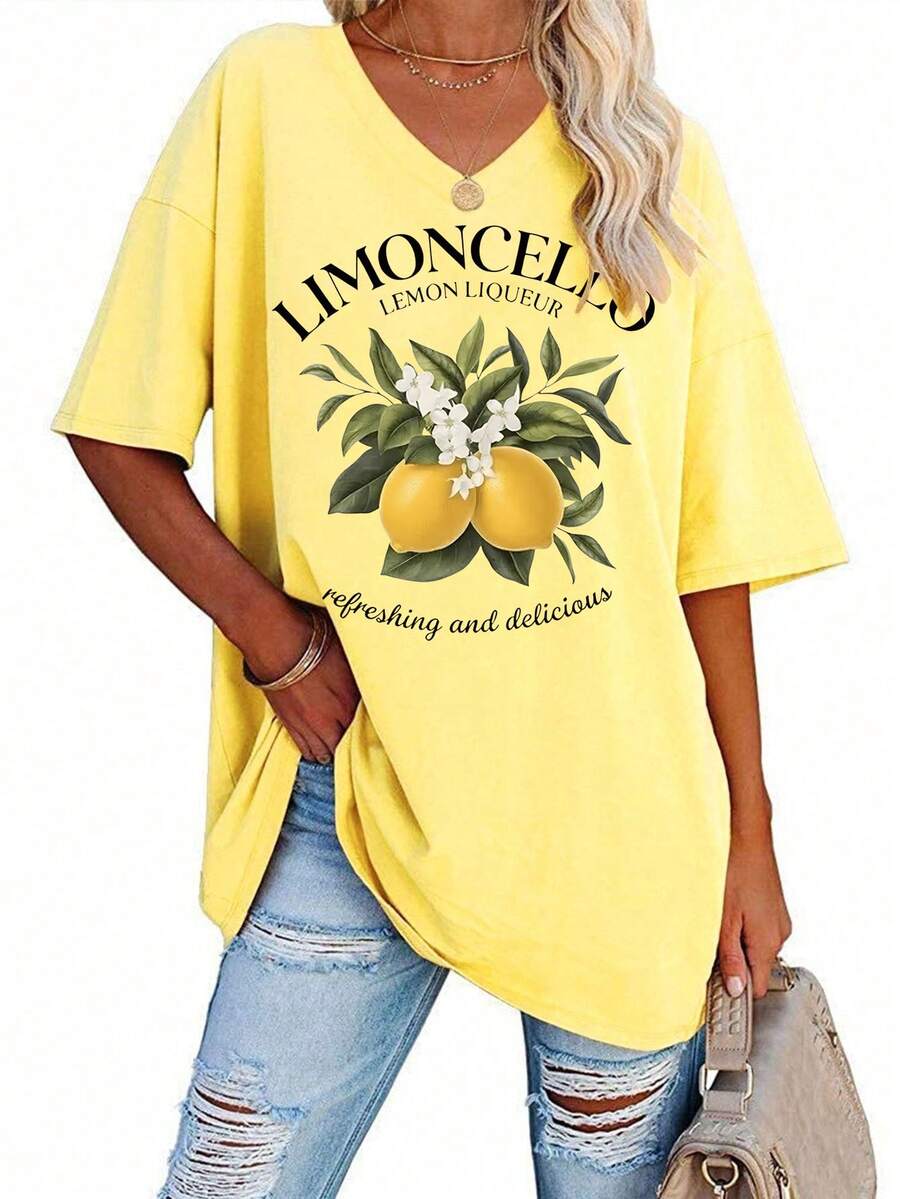 Calvaya Áo thun Limoncello, Áo thun chanh vùng bờ biển Amalfi từ Ý, Áo thun cổ chữ V cỡ lớn - Màu be - Xem 1