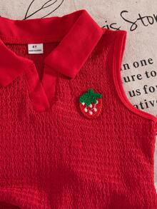 Elladie kids 2件套女童夏季新款杏色纹理针织面料领口拼接草莓装饰背心上衣和牛仔裙裤荷叶边草莓刺绣复古可爱套装 - 彩色 - 查看 6