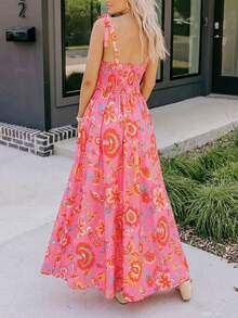 Coeurva 女士休闲优雅浪漫简约舒适印花连衣裙，红色女装，粉色女装 - 熱帶粉紅色 - 查看 2