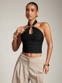 Hauture Top sans dos stylé en métal de couleur unie sexy pour femmes, style de bureau et décontracté - Noir - Voir 5