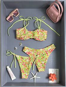 SHEIN Swim 针织性感花卉格纹印花无钢圈比基尼套装，优雅甜美两件式泳衣，适合夏季海滩派对和郊游 - 彩色 - 查看 2