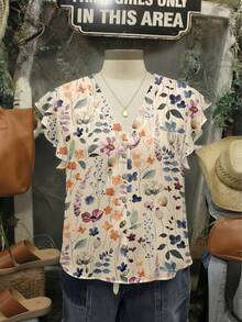EMERY ROSE Plus Size Women V-Neck Floral Print Casual Blouse, Suitable For Summer Outings - Red - View 9