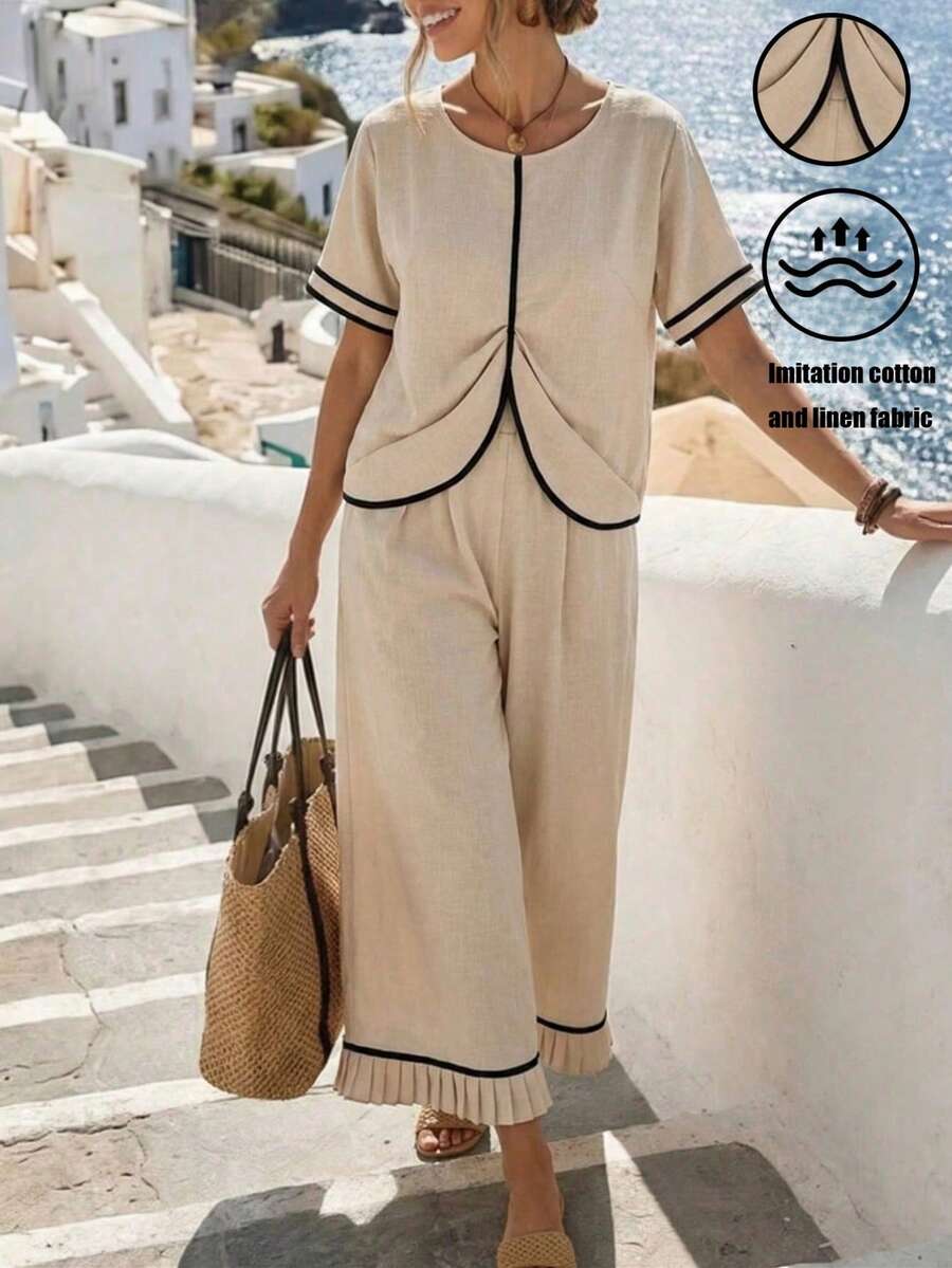 Breezaya Multicolor Women's Woven Fabric Two-Piece Set With Scoop Neck Short Sleeve Blouse Top And Pants Casual Style - Multicolor - View 1