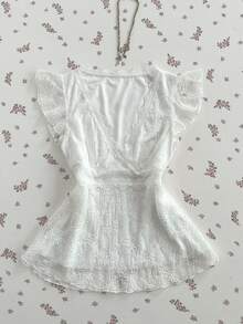 Elamini Áo thun crop top trắng tay ngắn cổ chữ V phối ren tương phản, thời trang, đa năng dành cho nữ mùa hè. - trắng - Xem 1