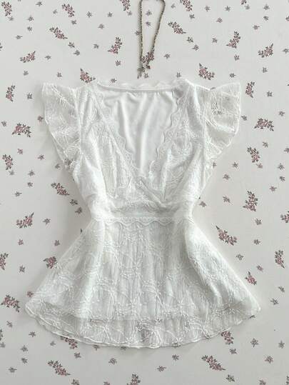 Elamini Áo thun crop top trắng tay ngắn cổ chữ V phối ren tương phản, thời trang, đa năng dành cho nữ mùa hè.