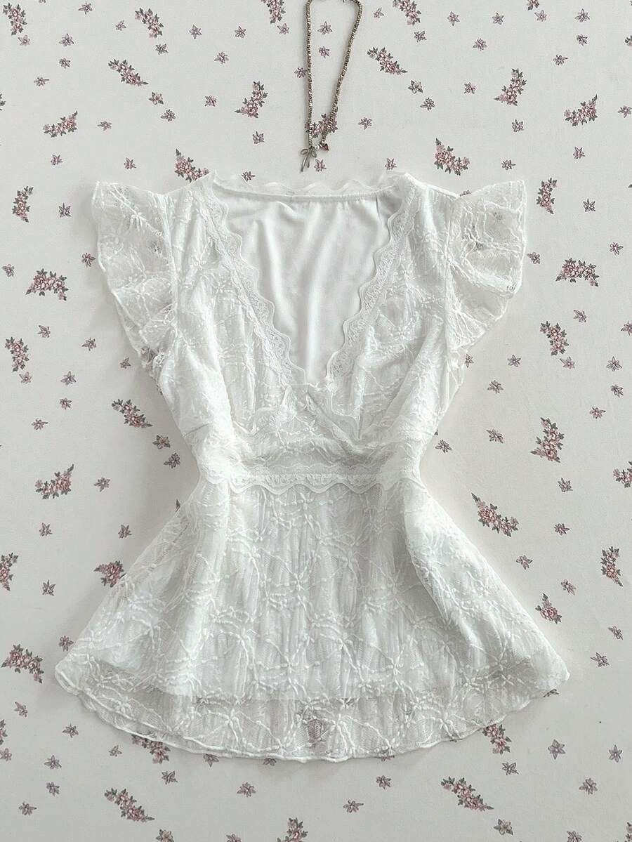 Elamini Áo thun crop top trắng tay ngắn cổ chữ V phối ren tương phản, thời trang, đa năng dành cho nữ mùa hè. - trắng - Xem 1