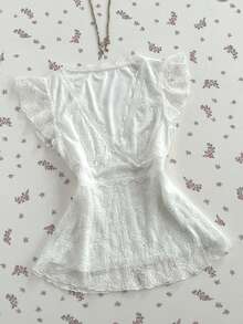 Elamini Áo thun crop top trắng tay ngắn cổ chữ V phối ren tương phản, thời trang, đa năng dành cho nữ mùa hè. - trắng - Xem 7