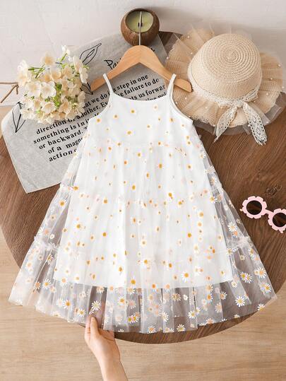 1 chiếc váy hai dây lưới nhiều lớp họa tiết hoa cúc cho bé gái