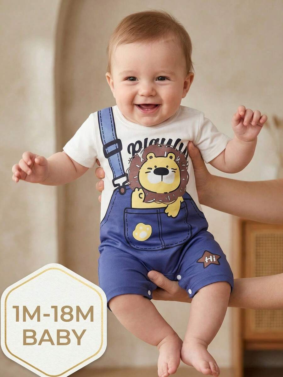 SHEIN Bộ áo liền quần mùa hè cho bé trai, màu trắng và xanh dương, họa tiết sư tử năng động, rộng rãi thoải mái, phù hợp cho các hoạt động thường ngày, họp mặt gia đình và chụp ảnh. - trắng - Xem 1