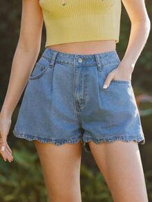 WESTFADE Pantalones cortos de mezclilla con mezcla de algodón, pliegues frontales y línea A con borde festoneado, para primavera, ropa de resort, verano, vacaciones, playa, festival, Stagecoach, Coachella, casual, lindo, bohemio, Nashville, vaquera, rodeo, atuendo para conciertos de música country, ropa occidental para mujer - Azul - Ver 6
