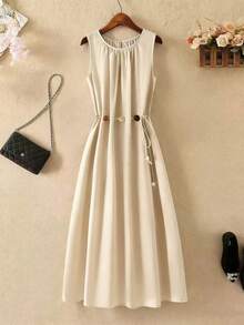 Franclia Women's French Elegant Vacation Tie-Waist Flared Dress Beige Midi Dress Elegant Summer Dress Sleeveless Midi Dress Ruched Waist Dress Button Detail Dress Button Dress Dress Spring French Style Dress   Summer Dress    Summer Dresses For Women  Summer Dresses Summer Outfits For Women   Elegant Dresses For Women    Casual Dresses For Women  Vacation Outfits Women  Holiday Outfits For Women  Summer Holiday Outfits  Vacation Dresses  Vacation Outfits For Women   Beach Vacation Outfits For Women Country   Country Concert Outfit     Country Style For Women   Country Dress - Apricot - View 1