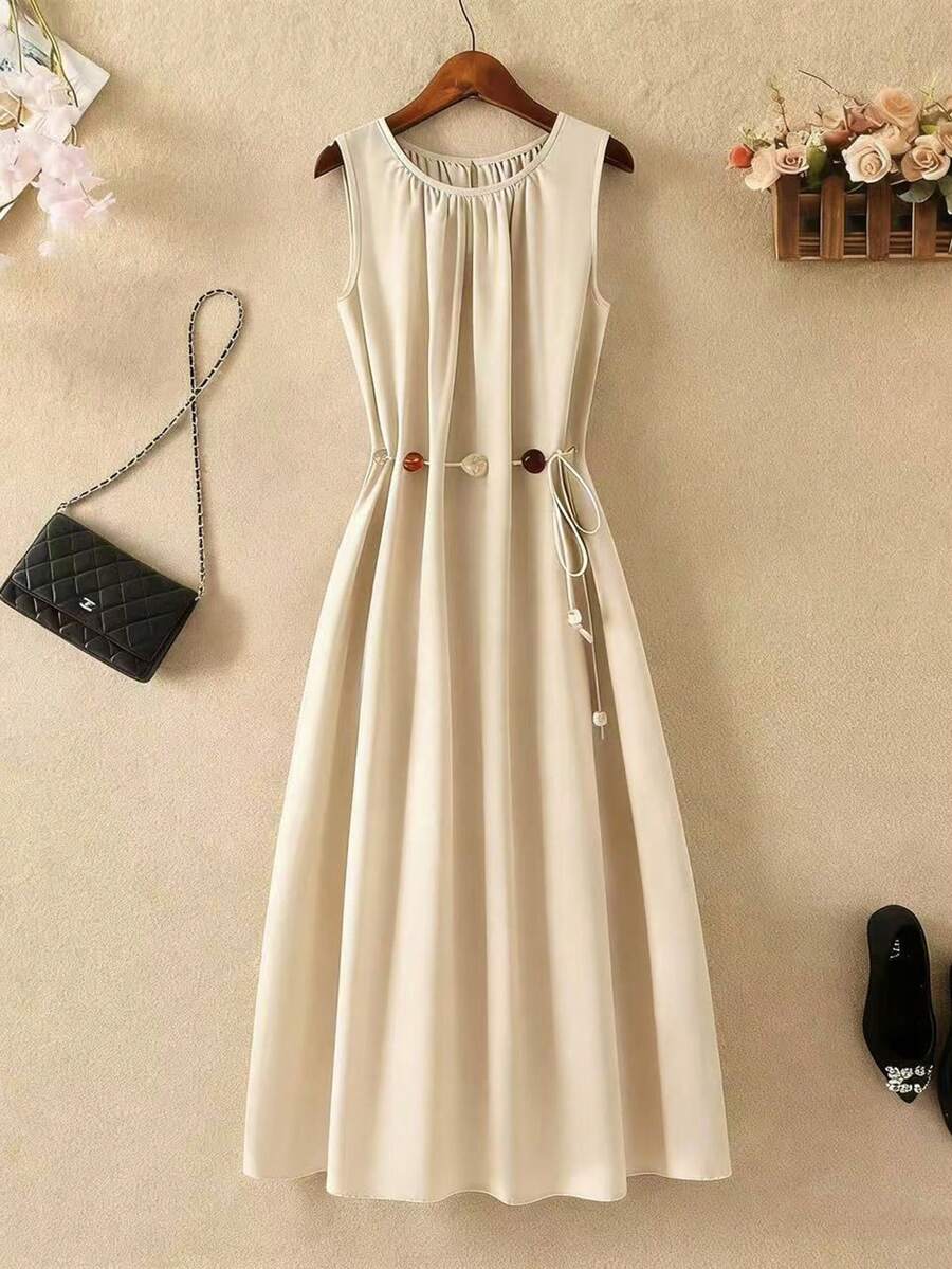 Franclia Women's French Elegant Vacation Tie-Waist Flared Dress Beige Midi Dress Elegant Summer Dress Sleeveless Midi Dress Ruched Waist Dress Button Detail Dress Button Dress Dress Spring French Style Dress   Summer Dress    Summer Dresses For Women  Summer Dresses Summer Outfits For Women   Elegant Dresses For Women    Casual Dresses For Women  Vacation Outfits Women  Holiday Outfits For Women  Summer Holiday Outfits  Vacation Dresses  Vacation Outfits For Women   Beach Vacation Outfits For Women Country   Country Concert Outfit     Country Style For Women   Country Dress - Apricot - View 1