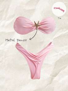 Elavelle Women's Solid Color Spaghetti Strap Metal Starfish Decor Sexy Bikini Sets, Summer - Pink - View 1
