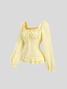 Sweetra Women's White Rhinestone Collar Ruffle Tie Waist Long Sleeve Blouse - Light Yellow - View 3