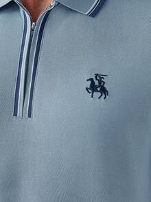 Manfinity Homme Men's Casual Polo Shirt Set,Summer Golf 2 Piece Set,Zip-Up Embroidered Short Sleeve&Shorts Outfit,Dusty Navy Blue Cozy Matching 2PC Summer Essential - Dusty Blue - View 5