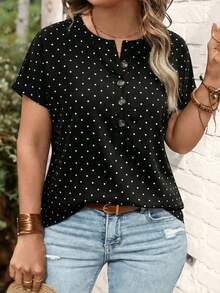 EMERY ROSE New Arrival Women's Polka Dot Print Button-Up V-Neck Short Sleeve Plus Size T-Shirt, Popular For Spring/Summer - Multicolor - View 5