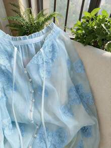 Airaco Women's Floral Embroidery Raglan Sleeve Single-Breasted Shirt - Baby Blue - View 4