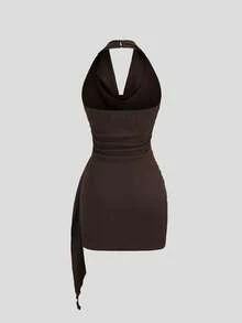 Sweetra Tall Đầm lệch eo xếp ly cổ bèo, thắt nơ bất đối xứng, khóa kim loại, thích hợp mặc công sở thanh lịch cho phụ nữ cao, màu nâu. - màu nâu - Xem 2