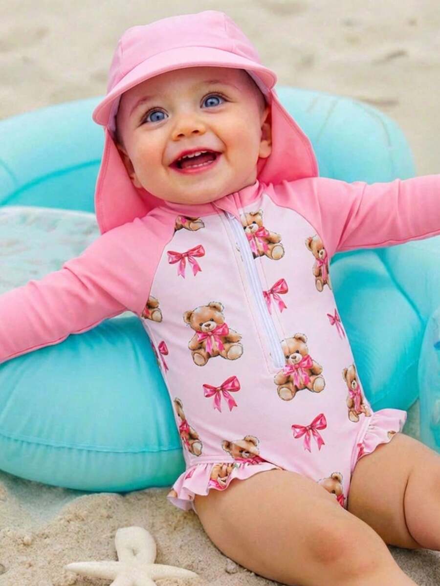 SHEIN Bộ áo tắm dài tay chống nắng phối màu họa tiết gấu cho bé gái, kèm mũ, thích hợp cho mùa hè, đi biển và bơi lội. - Hồng - Xem 1