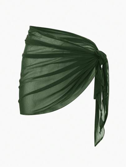 Swim Basics Women's Dark Green Mesh Sarong Skirt,Summer Casual Beach Swimwear,Solid Color Sheer Ruched Twist Beachwear,Boho Vacation,Holiday,Y2K Elegant Vintage