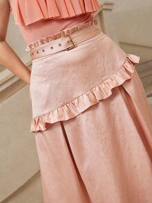 VOLUPTÉ CURVE Plus Size Summer Pink High Waist Textured Paneled A Line Ruffle Blush Tea Fabric Long Elegant Formal Skirt For Graduation Vacation Party - Baby Pink - View 2