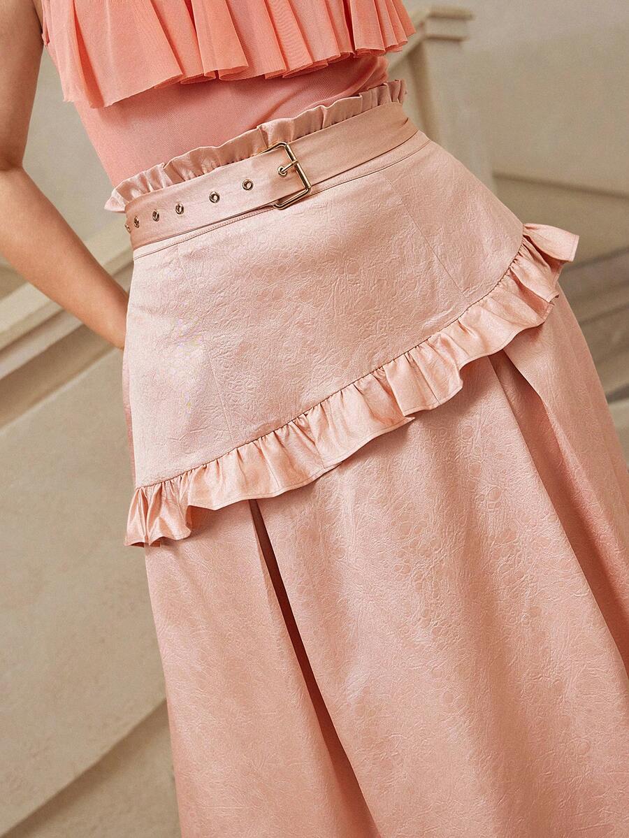 VOLUPTÉ CURVE Plus Size Summer Pink High Waist Textured Paneled A Line Ruffle Blush Tea Fabric Long Elegant Formal Skirt For Graduation Vacation Party