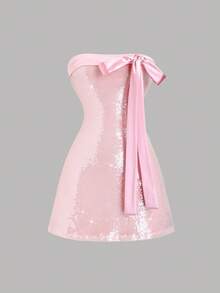 SHEIN Sweetro Spring/Summer New Design Sense High Street Elegant Sexy Lady Slim Fit Satin Shiny Bow Patchwork Beaded Comfortable Elegant Versatile Strapless Dress - Pink - View 1