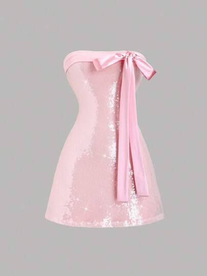 Sweetra 春夏新款设计，尽显高街优雅性感女士修身缎面闪亮蝴蝶结拼接串珠舒适优雅百搭无肩带连衣裙