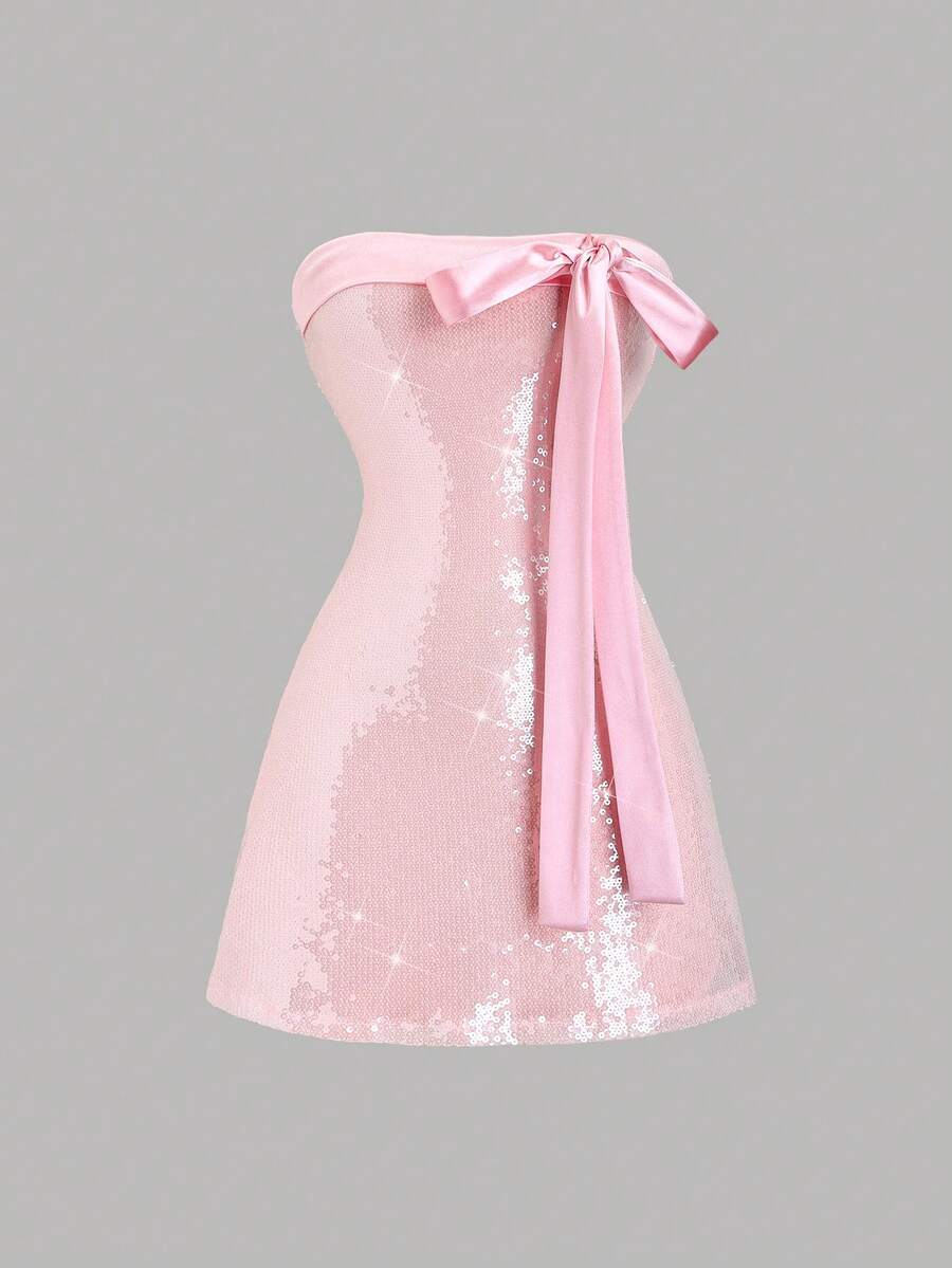 SHEIN Sweetro Spring/Summer New Design Sense High Street Elegant Sexy Lady Slim Fit Satin Shiny Bow Patchwork Beaded Comfortable Elegant Versatile Strapless Dress - Pink - View 1
