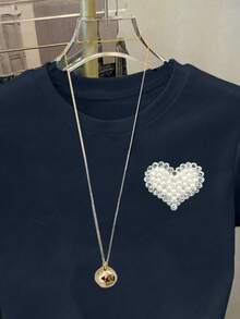 Tween GirlBlue Short T-Shirt With Faux Sequin & Rhinestone Heart Print, Versatile All-Match Tee Suitable For Outings, Spring, Summer, Autumn, Personalized Fit For Girl, Navy Blue, Royal Blue, Classic Blue - Multicolor - View 3