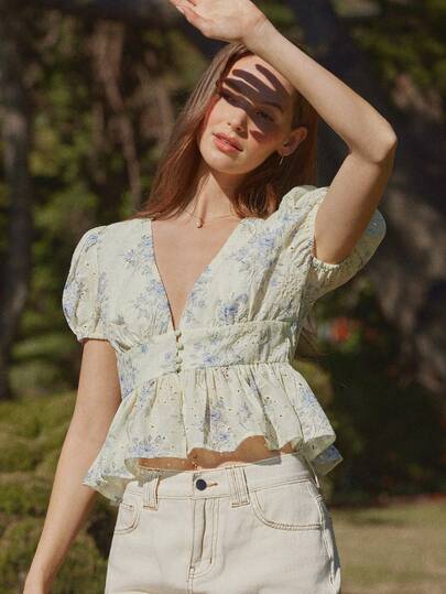 WESTFADE V Neck Short Puff Sleeve Ruffle Peplum Button Front Floral Print Eyelet Babydoll Top Spring, Resort Wear, Summer, Vacation, Beach, Festival, Stagecoach, Coachella, Casual, Cute, Boho, Nashville, Cowgirl, Rodeo, Country Concert Outfit, Western Wear For Women