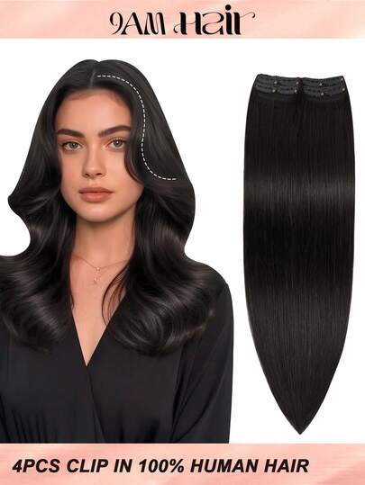 4 件装 8 个夹子 直发接发 100% 真人发色 NC# 自然黑 12-18 英寸双纬隐形接发 雷米天然真人发 适合女性女孩日常全头使用