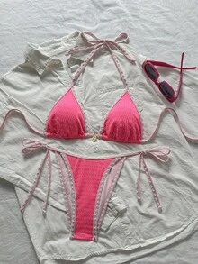 Swim Mod 女士夏季沙滩拼接露背系带性感比基尼和三角泳裤套装 - 彩色 - 查看 5