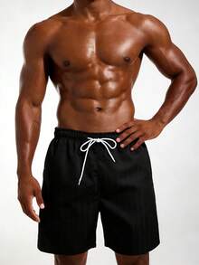 Solantero Plus Size Men's Solid Color Drawstring Waist Beach Shorts - Black - View 4